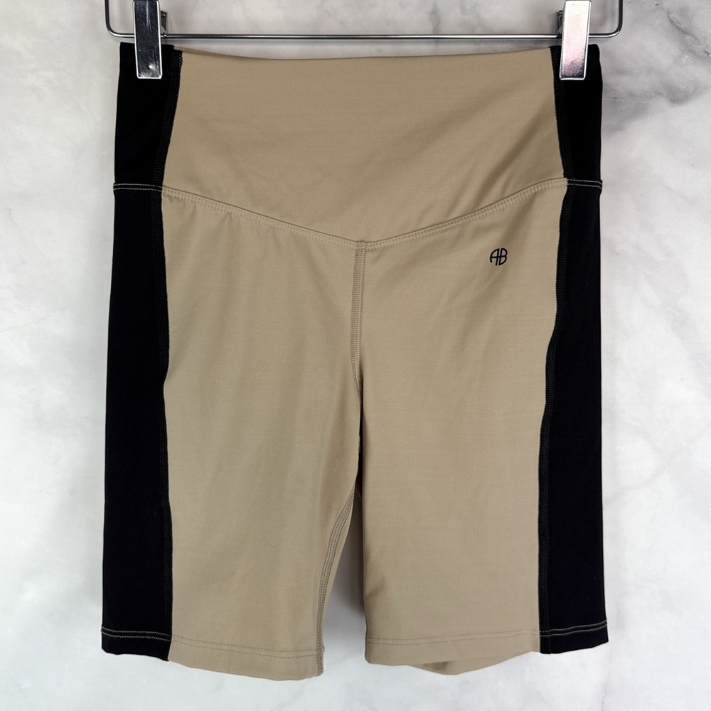 Anine Bing Sport Blake High Waisted Biker Shorts Activewear Athleisure Tan Black - Picture 4 of 11